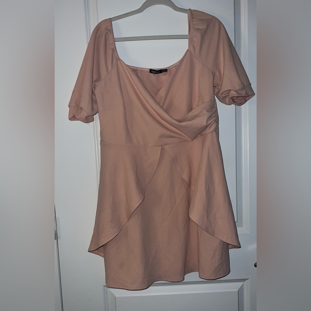 Boohoo Pink Babydoll Dress with Puff Sleeves and Asymmetrical Design